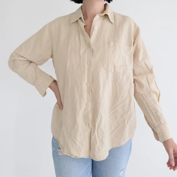 Vintage Bill Blass Jeans Beige 55%  Linen 45% Cotton Button Down Shirt Small - Picture 1 of 11
